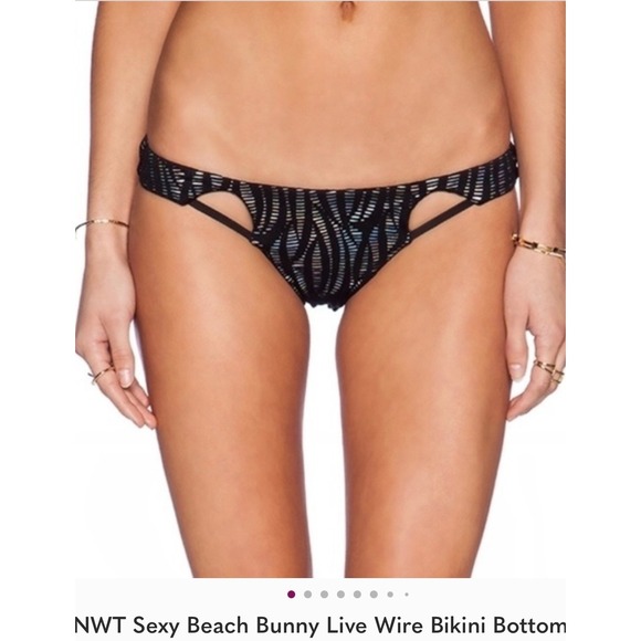 Beach Bunny‎ Live Wire Bikini Bottom XL Black Silver LinedSexy Swimwear NWT